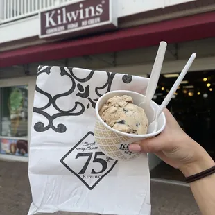 a hand holding a cup of ice cream
