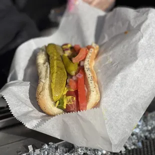 a hot dog with pickles and tomatoes