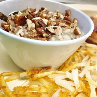 Oatmeal with pecans and hash browns!