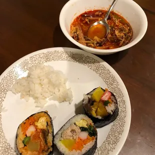 Kimchi, tuna, and beef kimbap. With yukaejang
