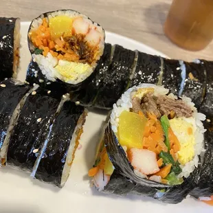 Anchovy Kimbap (top) and beef kimbap (bottom)
