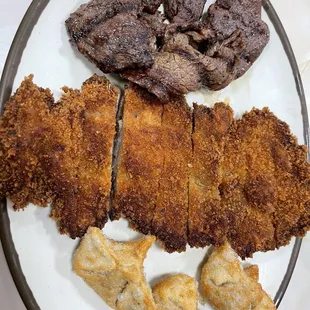 Lunch trio with mandoo, chicken katsu, and bbq beef