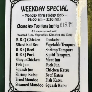 Weekday special menu