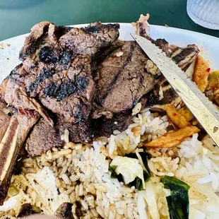 Plate lunch with cut up meat.