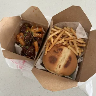 Rice cake fried chicken (lil mochi mfs and gochujang fried chicken) and a Hanold McDonald aka the burger you wish you were eating rn.