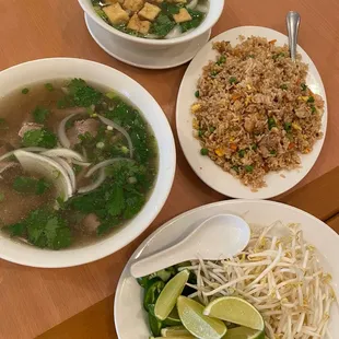Vegetarian pho, round streak pho, and combination fried rice.