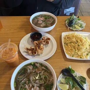 Top: steak and brisket pho  Bottom: steak pho  crab rangoons, chicken fried rice, Thai tea