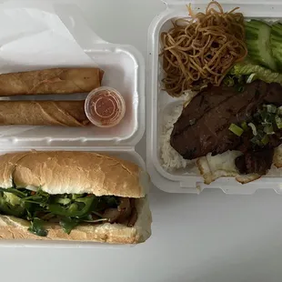 Egg roll, chicken banh mi, pork chop plate.