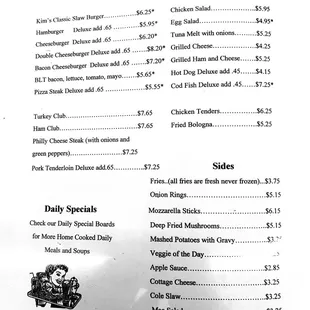 menu for burgers and sandwiches