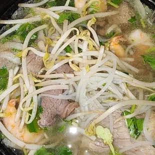 Spicy beef pho with shrimp