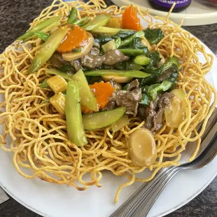 Crispy chow mein with beef