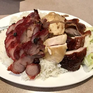 Roast Duck, BBQ Pork and Chicken Over Rice