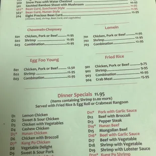 Vegetables/Dinner Specials from Dinner Menu