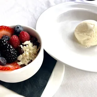 Chocolate mousse with a scoop of vanilla ice cream