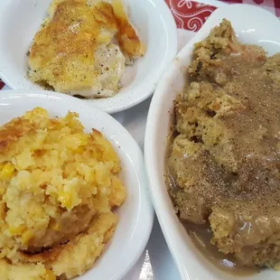 Chicken and dressing, corn casserole, and scalloped potatoes.