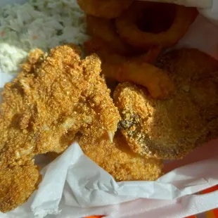 Catfish stakes Cole slaw onion rings