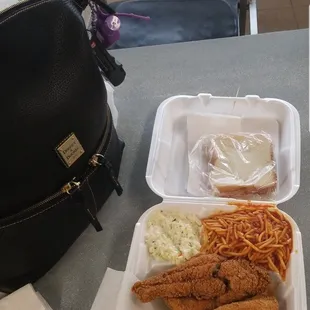 Catfish and spaghetti meal.