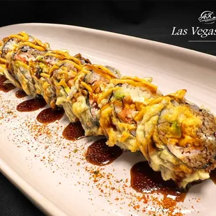 Salmon, cream cheese, avocado crab salad, eel sauce and spicy mayo