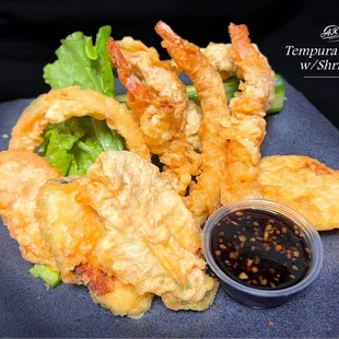 Bell peppers, onions, carrots, asparagus, zucchini, yellow squash, tempura sauce