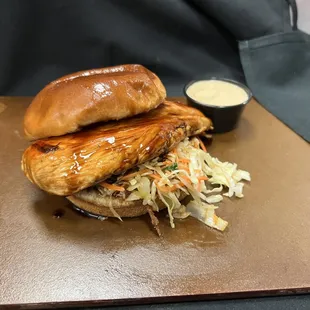 Teriyaki chicken, pineapple slaw, brioche bun