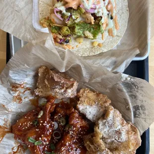 fish taco and Boneless Thighs, Korean Sassy and Honey Butter