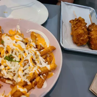 Sassy fries and potato dogs. The fries were fantastic and the dogs were solid