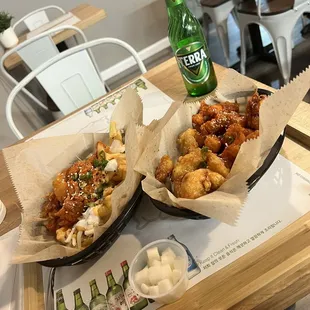 Kimchi Fries and Boneless Korean Fried Chicken (Spicy and garlic combo)