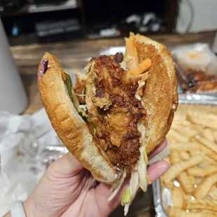 a hand holding a sandwich and french fries