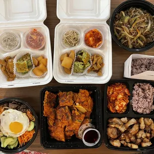 Bibimbop, kimchi pancake, pork belly, japchae