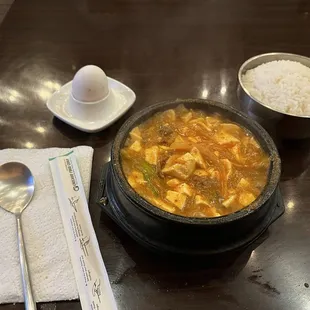 Soondubu jjigae (tofu stew) with beef  bulgogi and egg