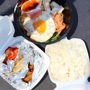 Tofu Bibimbap ($11.79) - rice, vegetables, egg, and sesame oil. Rice comes separately.