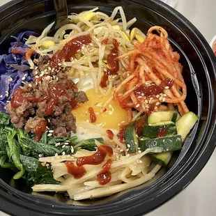 Bibimbap take-out, with fresh kimchi