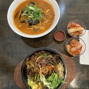 Spicy Seafood Soup and Spicy Beef Bulgogi in a Hot Stone Bowl