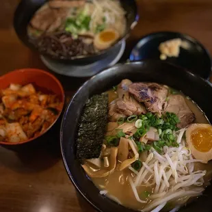 Pork Shoyu Ramen (front), Original Pork Ramen (back), Kimchi, and crushed garlic on the side