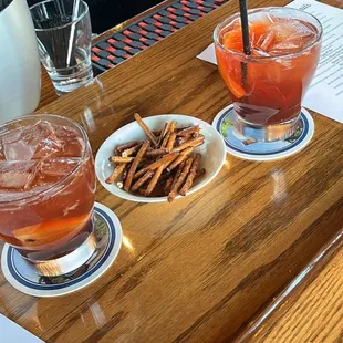 Two different types of old fashioneds + yummy pretzels
