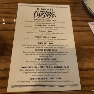 Cocktail menu