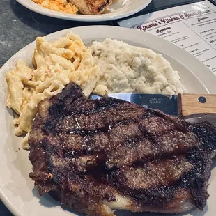 Ribeye, mac n cheese, mashed potatoes