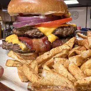 Big mouth burger with sweet potato fries