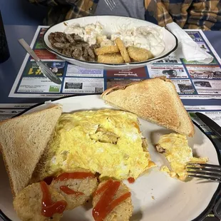 Blazing Buffalo Chicken Omelette, Biscuits and gravy.