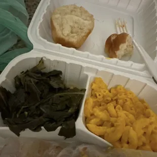 Collard Greens, Macaroni &amp; Cheese, dinner roll