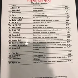 Sushi menu