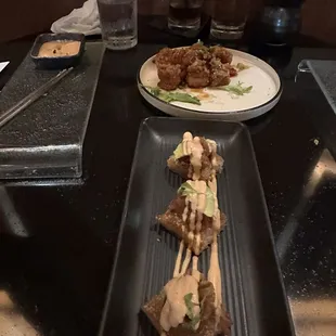 Crispy pan seared rice and karaage chicken