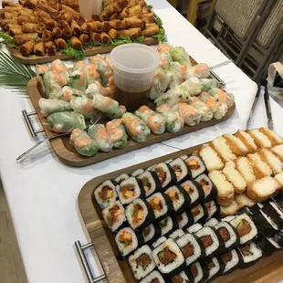 Assorted Sushi, Thai Summer Rolls, Pork Spring Rolls.