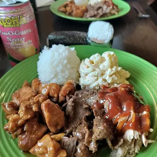 Combo plate $15- teriyaki chicken and beef, kalua pork, mac salad, rice, and a side of spam masubi