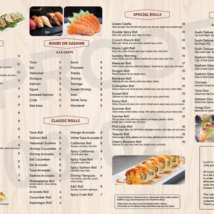 sushi and sashimi, menu
