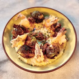 Peacock Room: SIMPLY AMAZING!!! Shrimp &amp; Grits | pimento cheese, bacon jam, crispy brussels sprouts, crystal gastrique $25