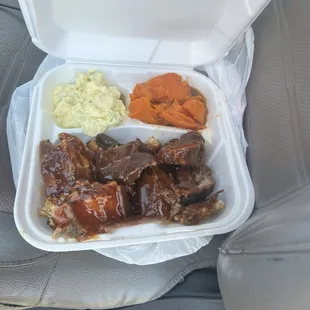 Rib tips, yams, potato salad (15.00)