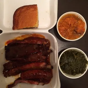 Ribs, link, yams, collards, corn bread