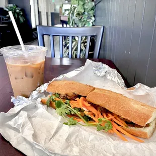 Vietnamese iced coffee & BBQ pork banh mi