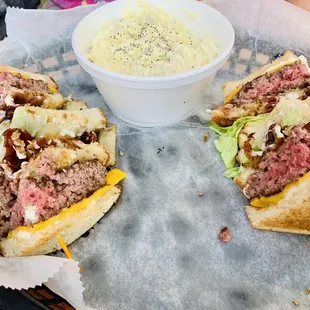 Hamburger club with potato salad
